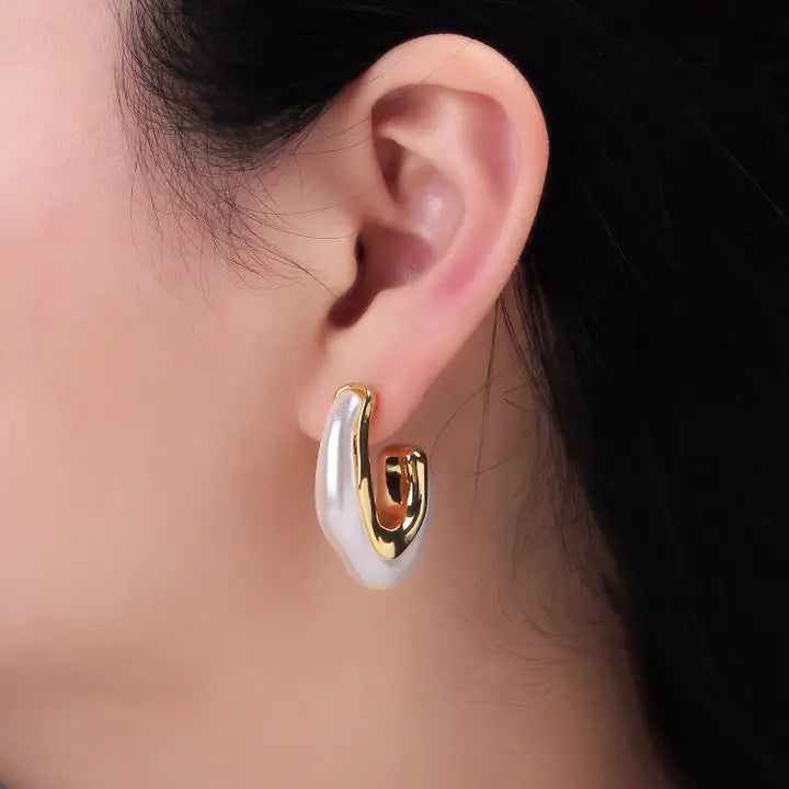 Gold And Pearl Geometric Hoops