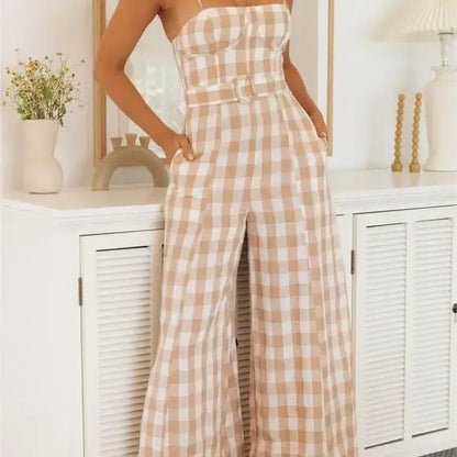 Khaki Plaid Belted Jumpsuit
