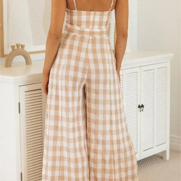 Khaki Plaid Belted Jumpsuit