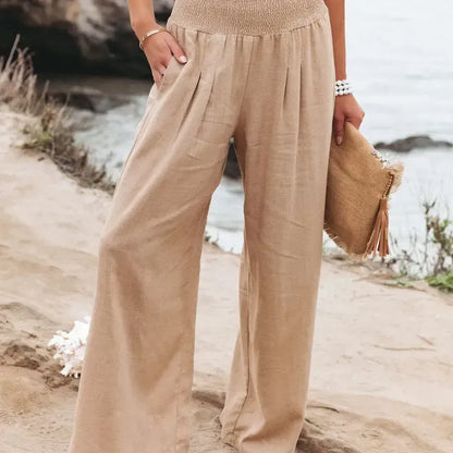 Khaki Linen Wide Leg Pants