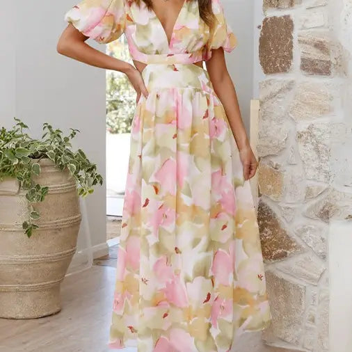 V Neck Floral Printed Swing Dress