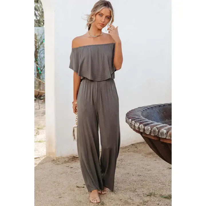 Grey Off The Shoulder Wide Leg Jumpsuit