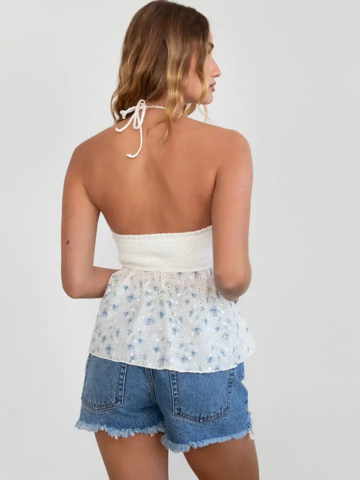 Knit Floral Textured Halter Baby Doll Top