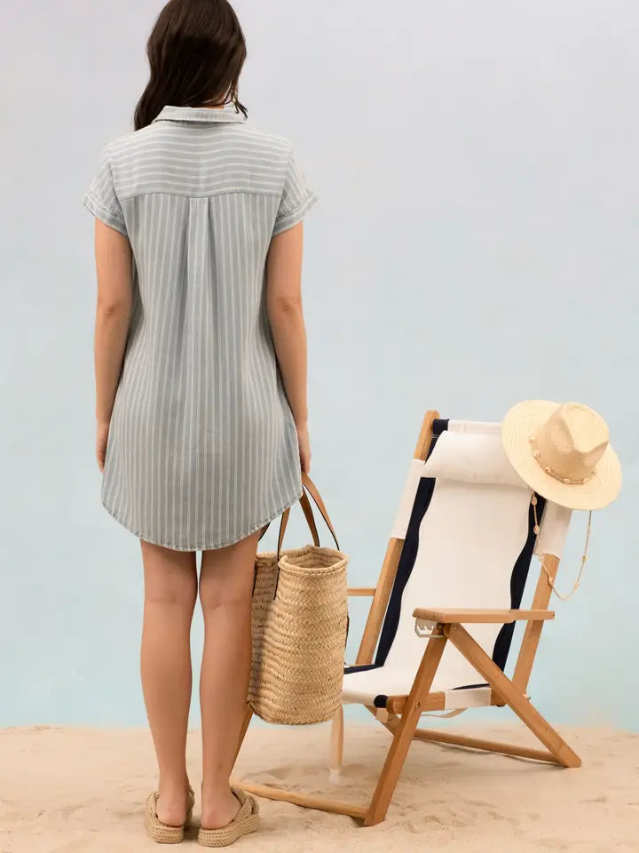 Denim Stripe Collared Cuff Sleeve Dress