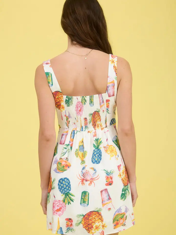 Tropical Print Mini Linen Dress