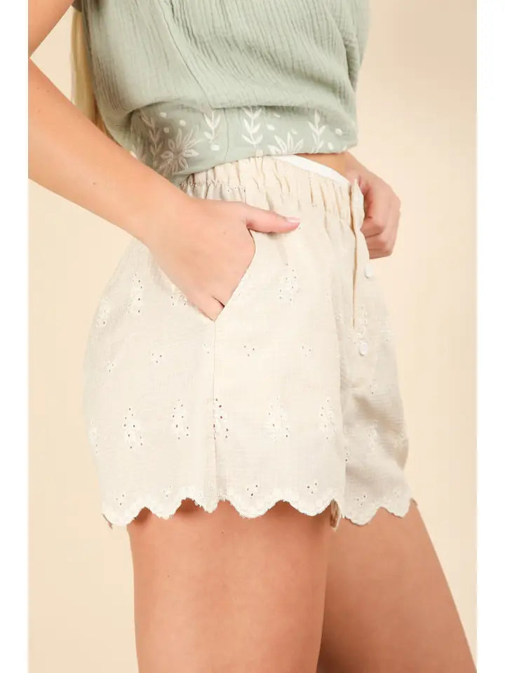 Beige Embroidered Cotton Shorts