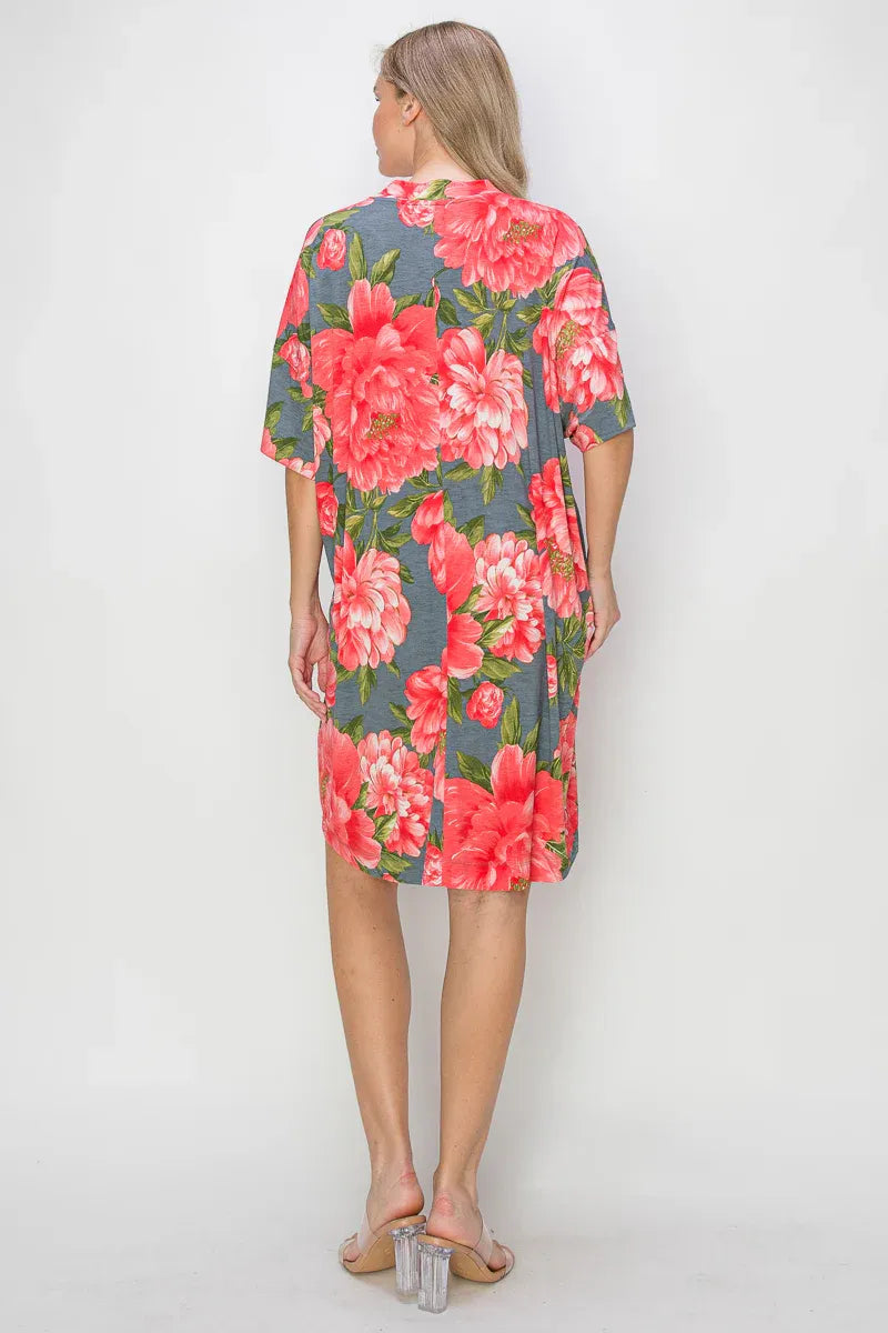 Gray Floral V Neck Dress