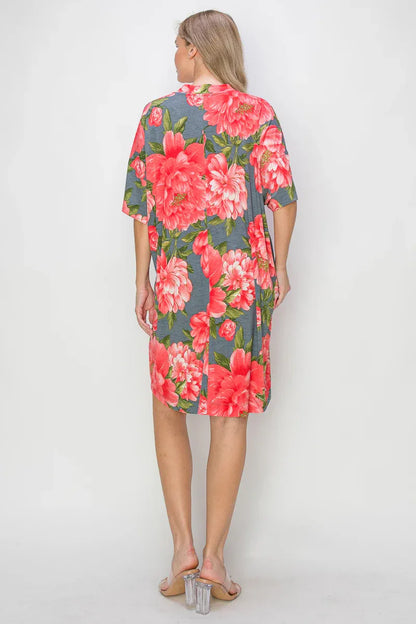Gray Floral V Neck Dress