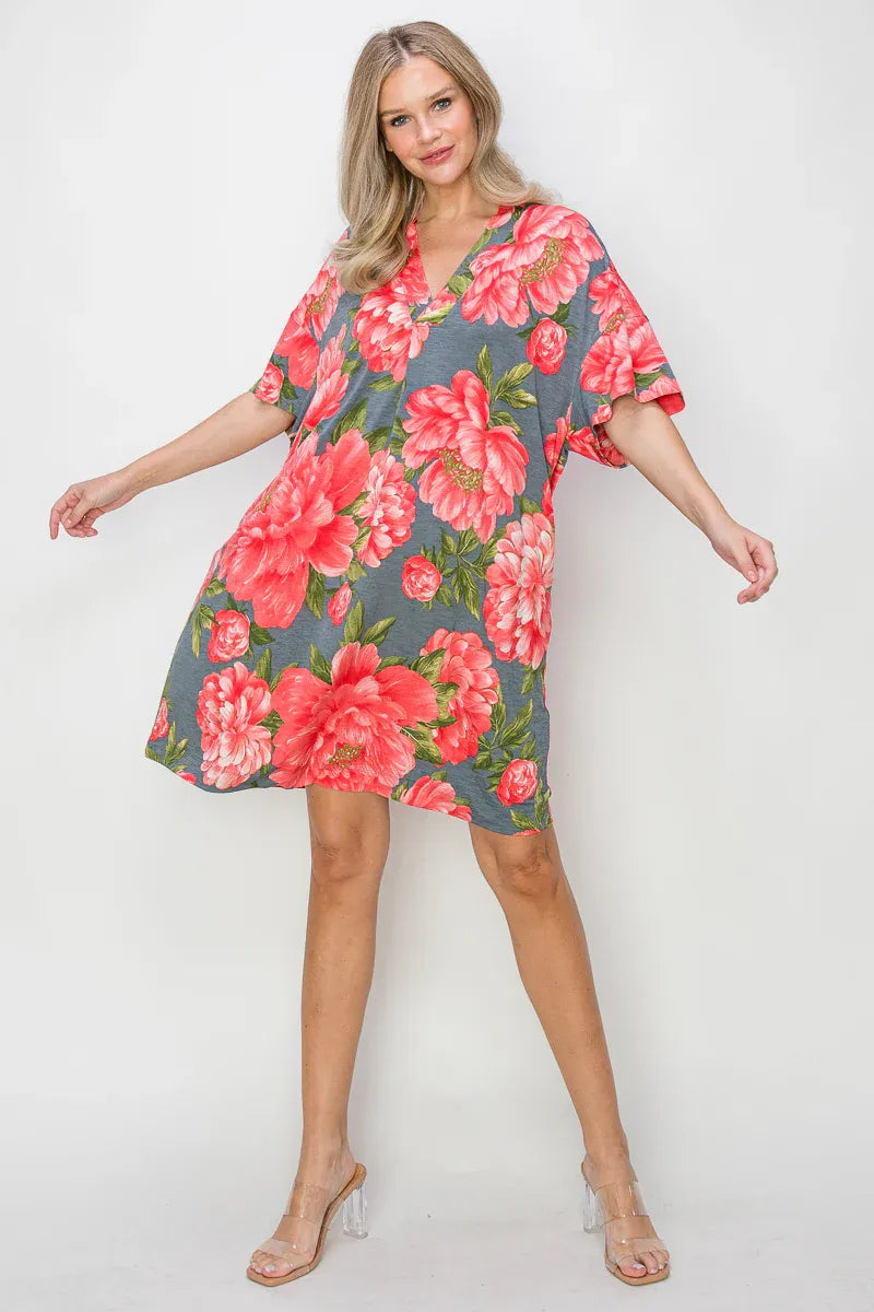 Gray Floral V Neck Dress