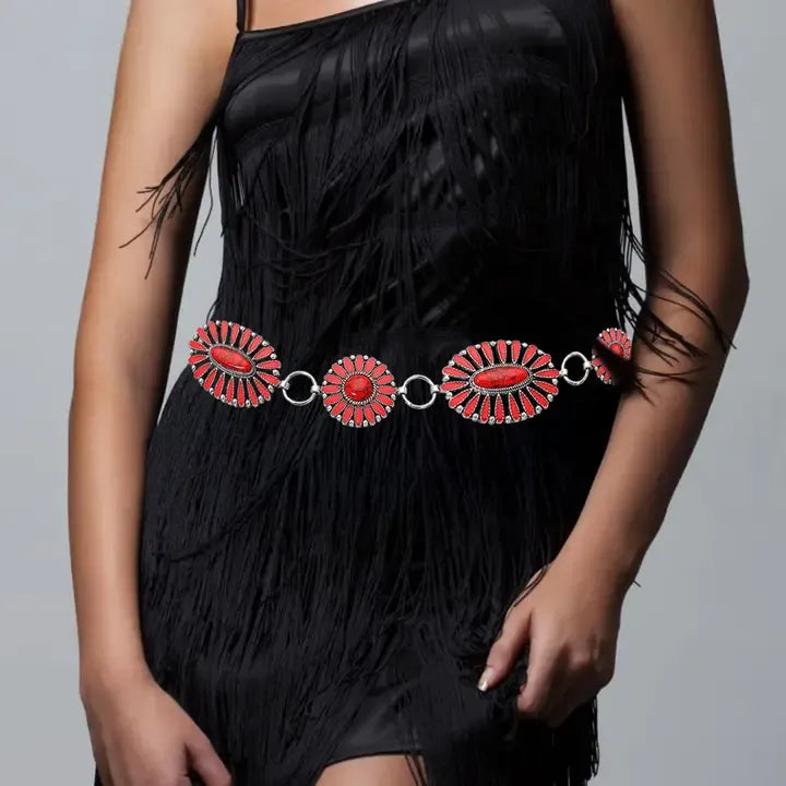 Boho Vintage Western Oval Chain Belt - red