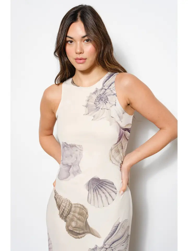 Sea Shell Print Mesh Maxi Dress