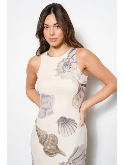 Sea Shell Print Mesh Maxi Dress