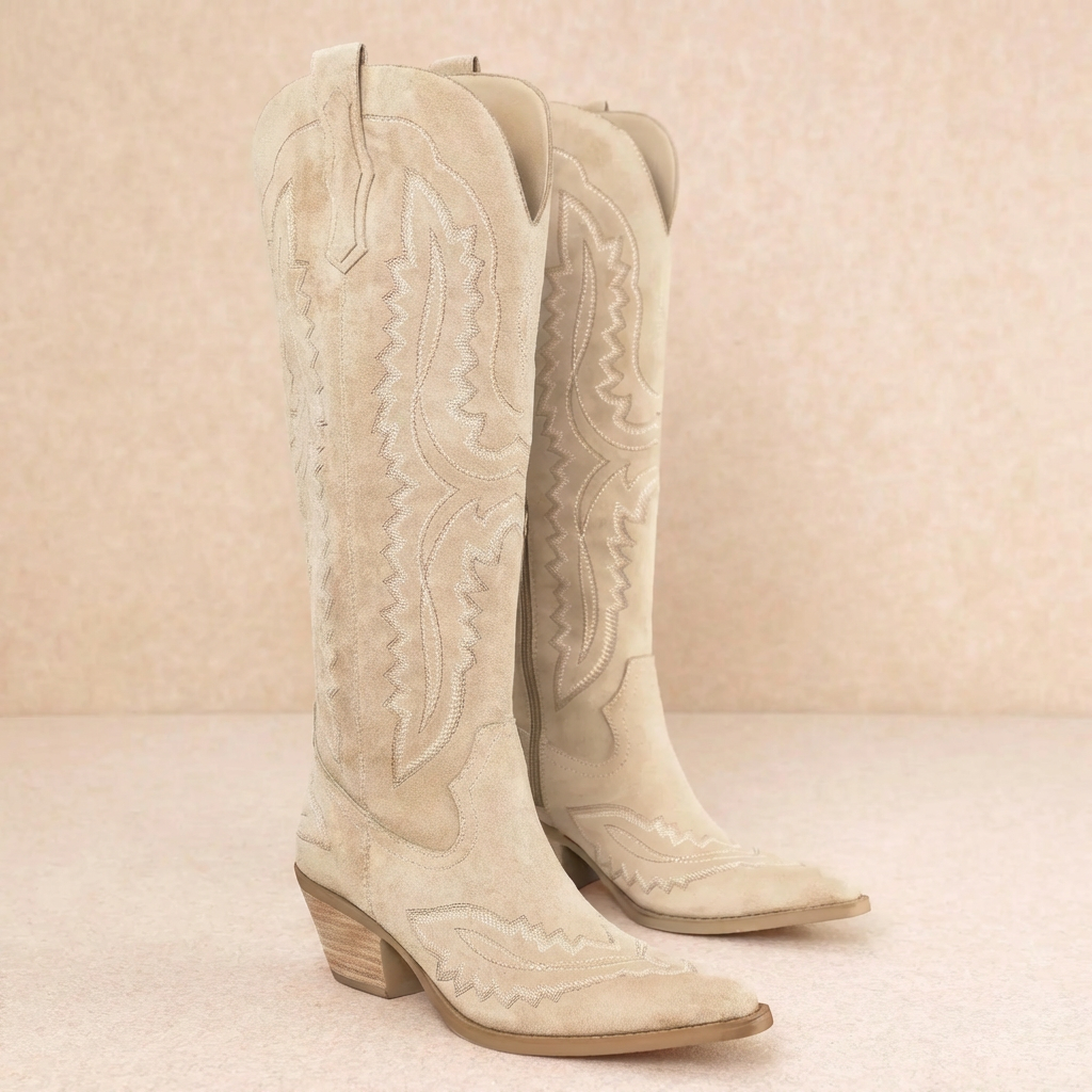 Beige Western Embroidered Cowgirl Boots