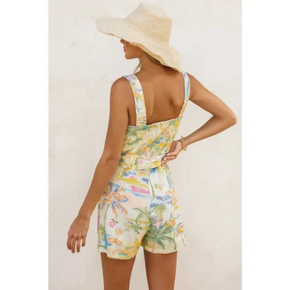 Coastal Sleeveless Woven Front Tie Romper