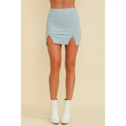 High Waisted Double Slit Denim Mini Skirt