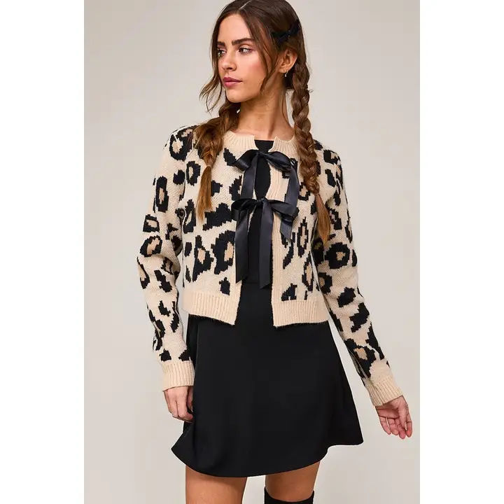 Leopard Ribbon Detail Sweater Cardigan - L