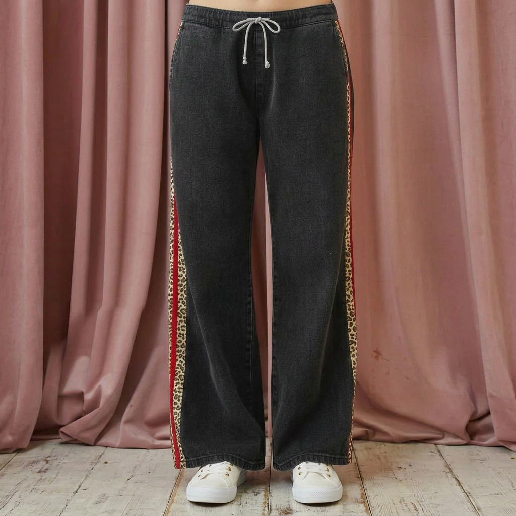 Leopard Stripe Denim Wide Leg Pants