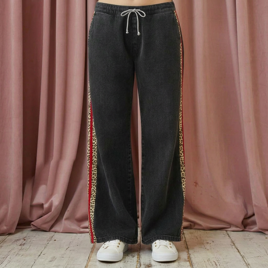 Leopard Stripe Denim Wide Leg Pants