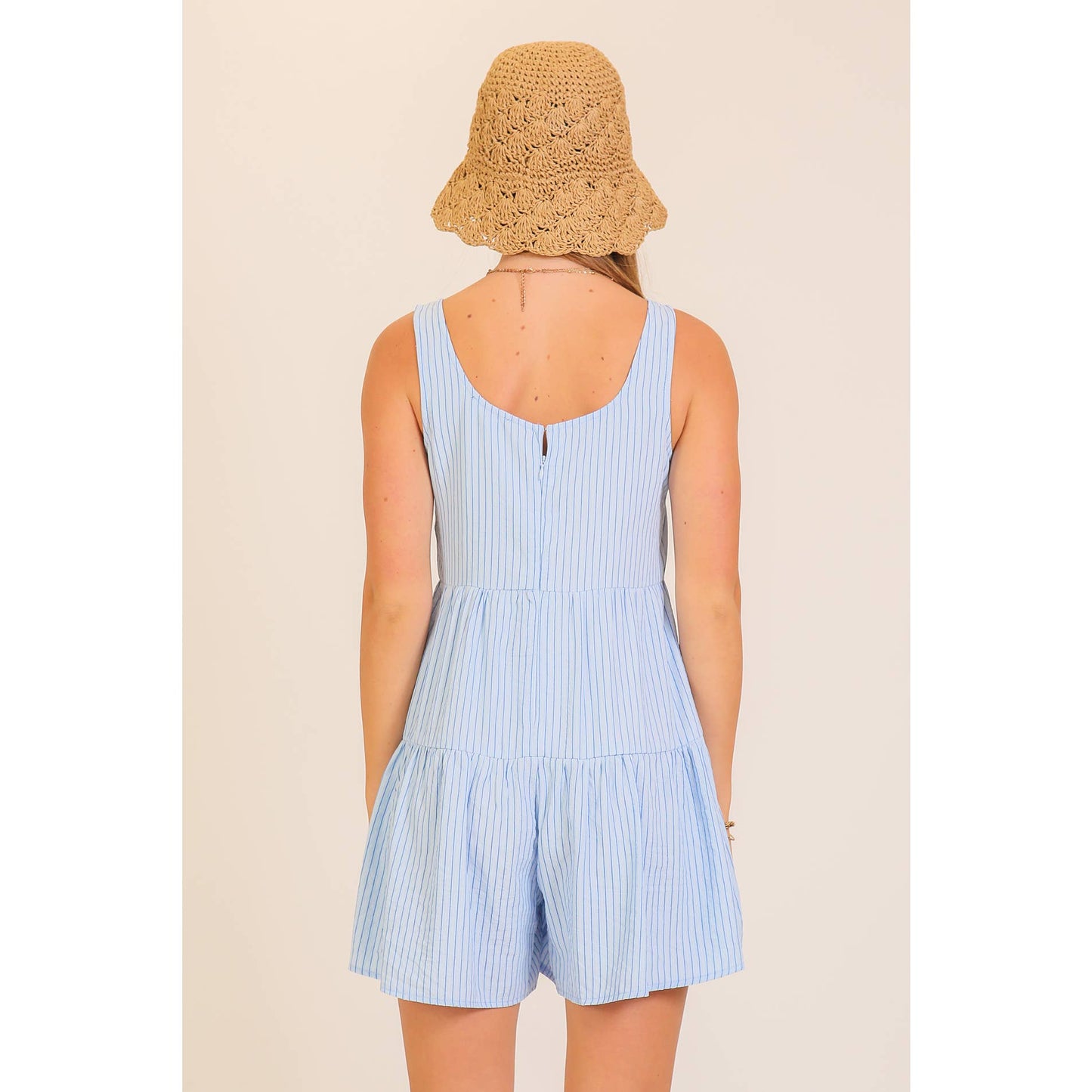 Blue Pinstripe Tiered Romper