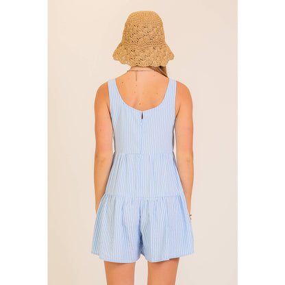 Blue Pinstripe Tiered Romper