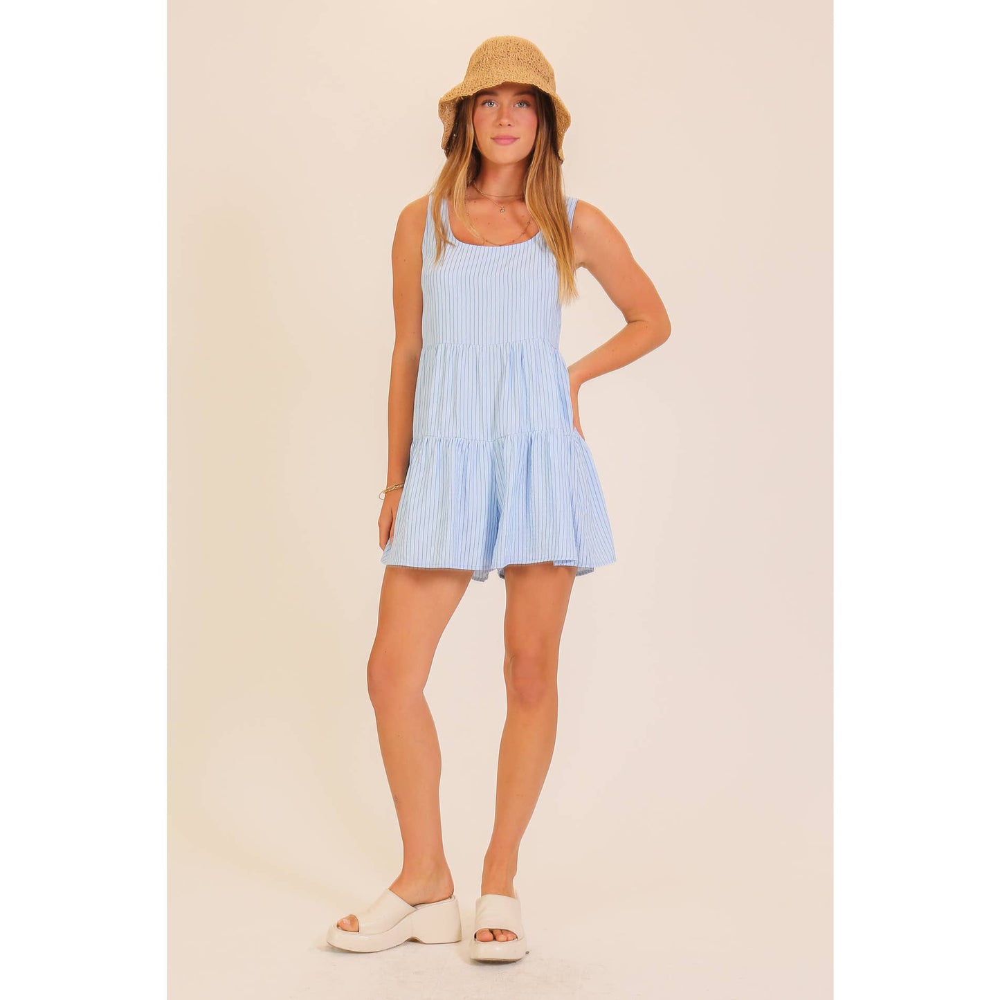 Blue Pinstripe Tiered Romper