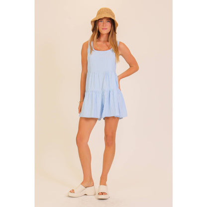 Blue Pinstripe Tiered Romper