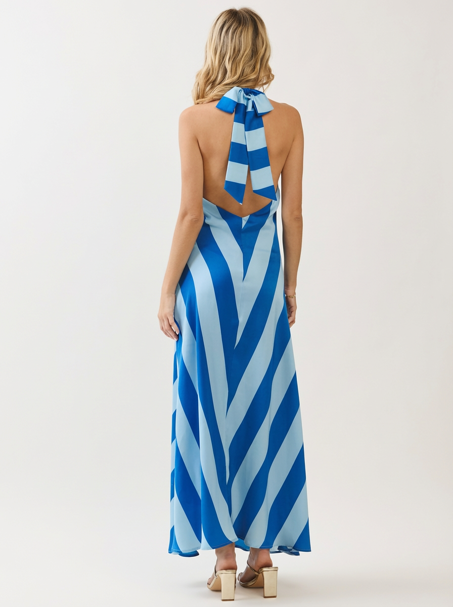 Blue Chevron Stripe Halter Neck Maxi Dress