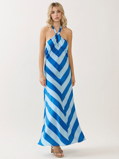 Blue Chevron Stripe Halter Neck Maxi Dress