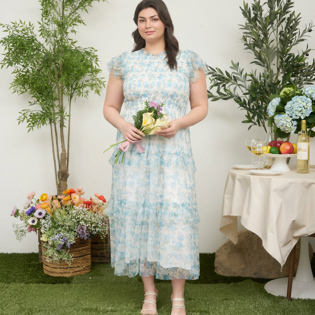 Plus Size Blue Floral Smocked Dress