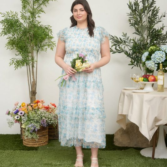 Plus Size Blue Floral Smocked Dress