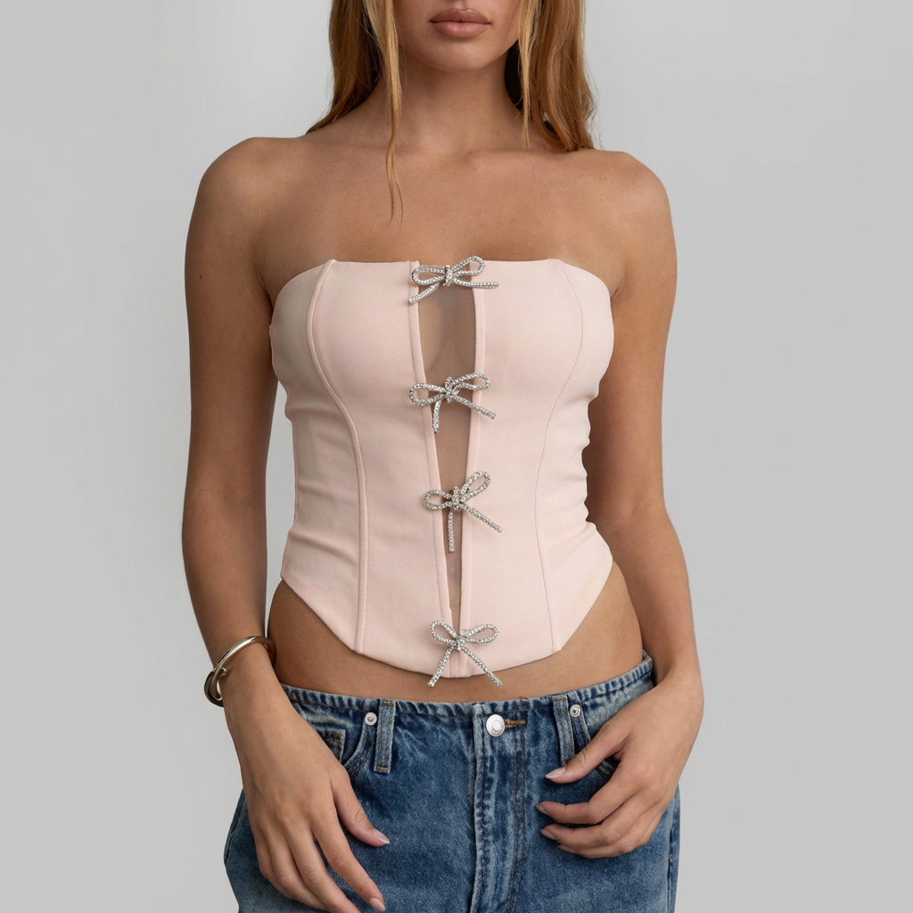 Blush Rhinestone Bows Corset Top