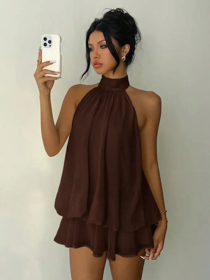 Brown Halter Backless Mini Dress
