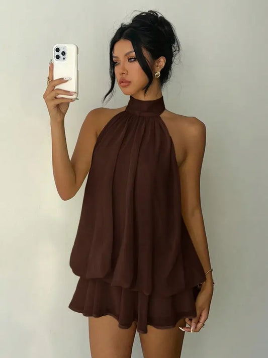 Brown Halter Backless Mini Dress