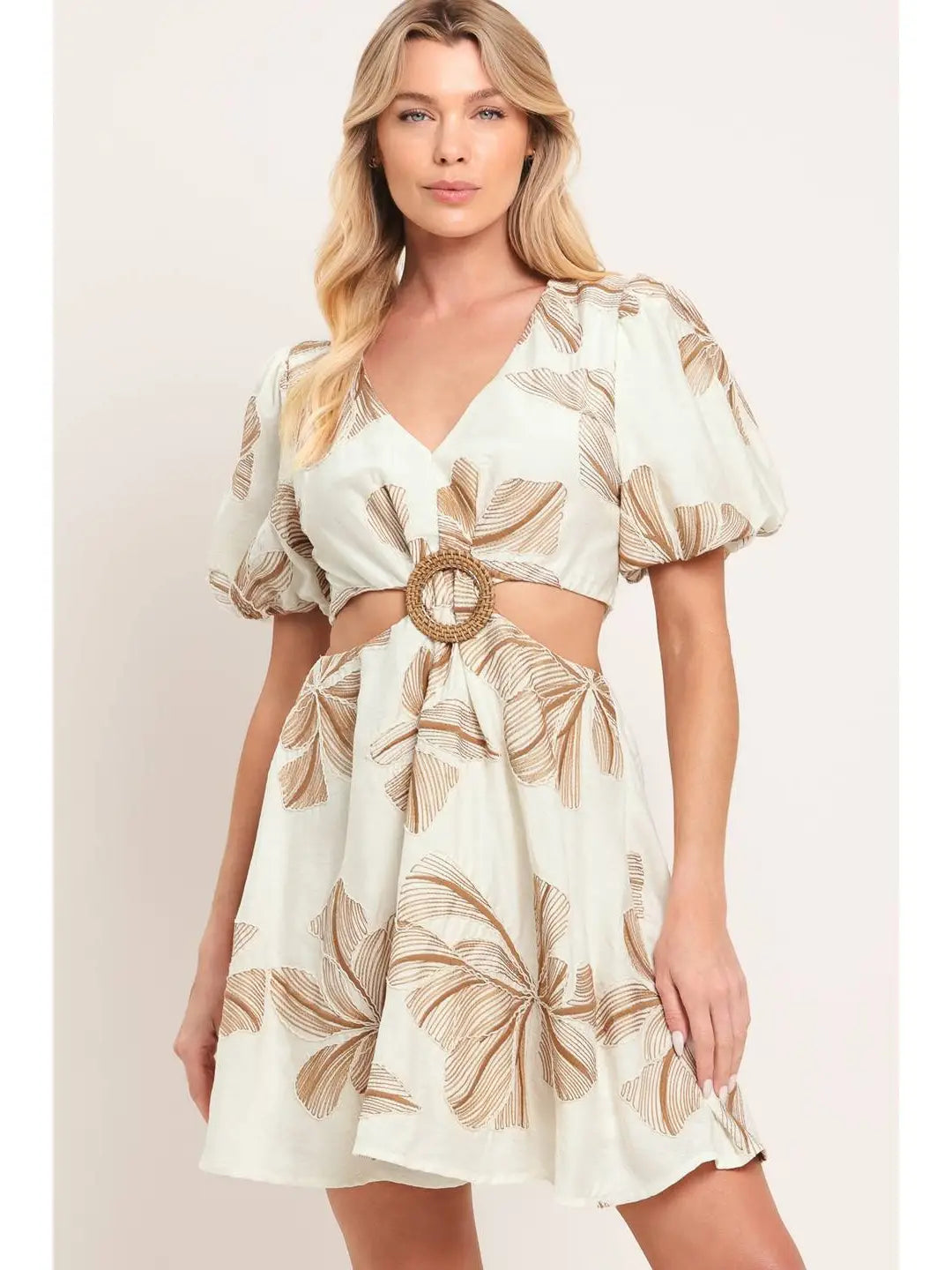 Brown Floral Embroidered Mini Dress