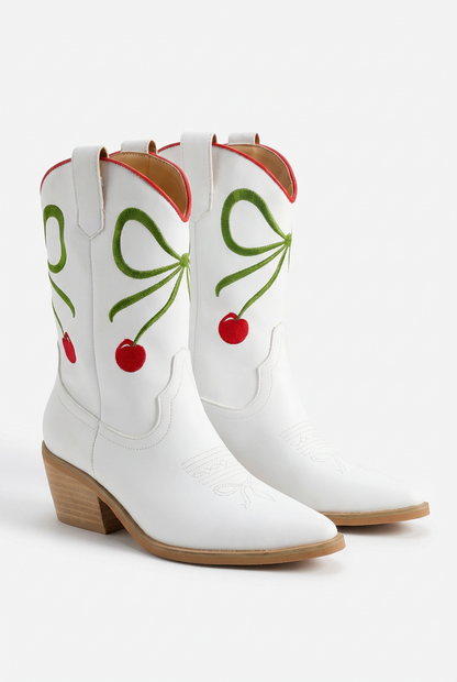 White Booties With Cherry Bow Detail
