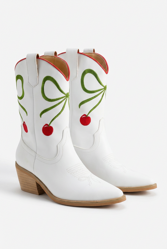 White Booties With Cherry Bow Detail
