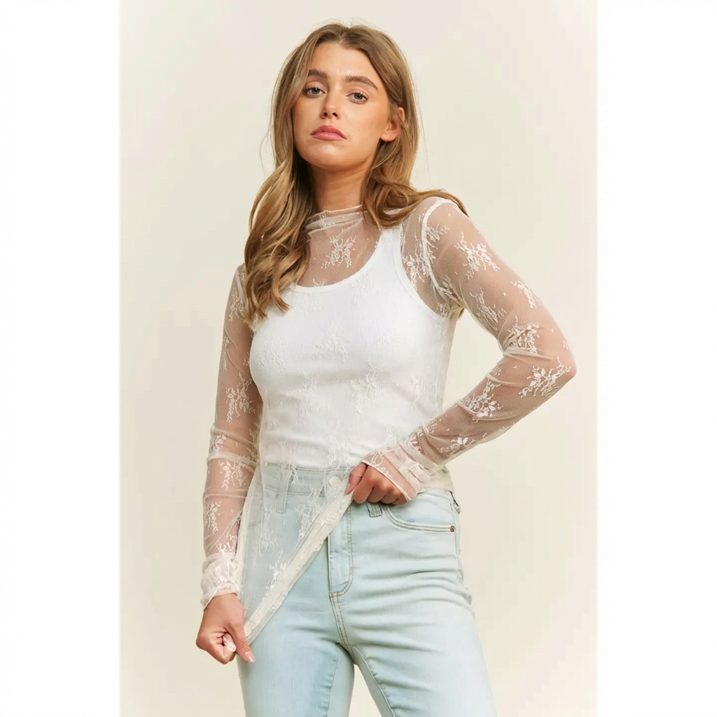 Lace Mesh Long Sleeve Top