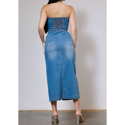 Denim Button Down Strapless Dress