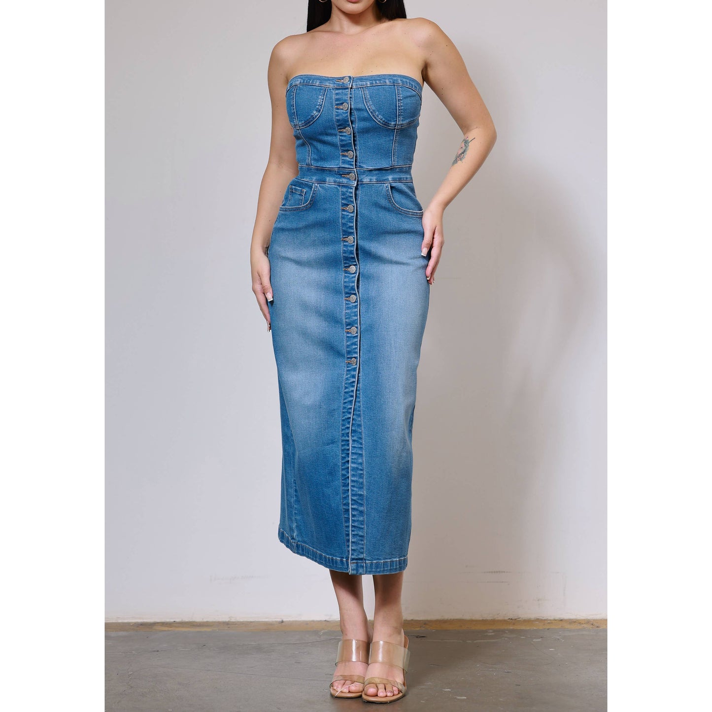 Denim Button Down Strapless Dress