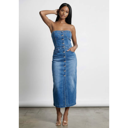Denim Button Down Strapless Dress