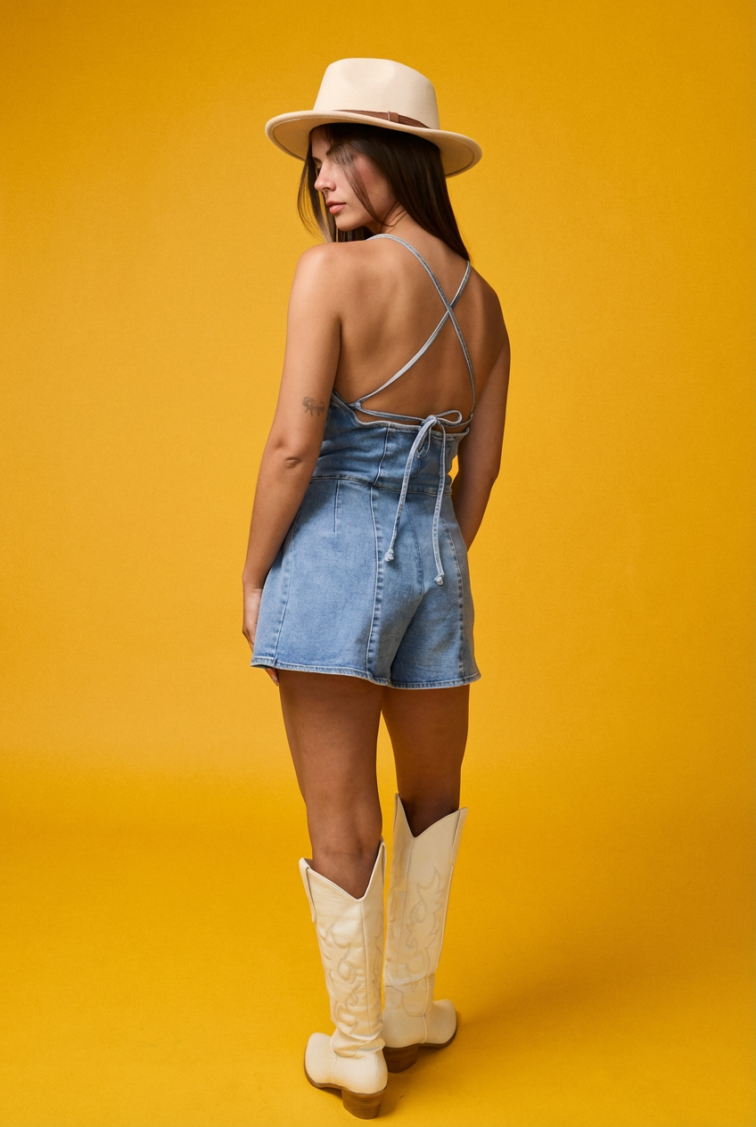Denim Back Tie Romper