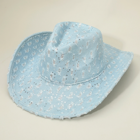 Light Denim Distressed Sequin Cowboy Hat