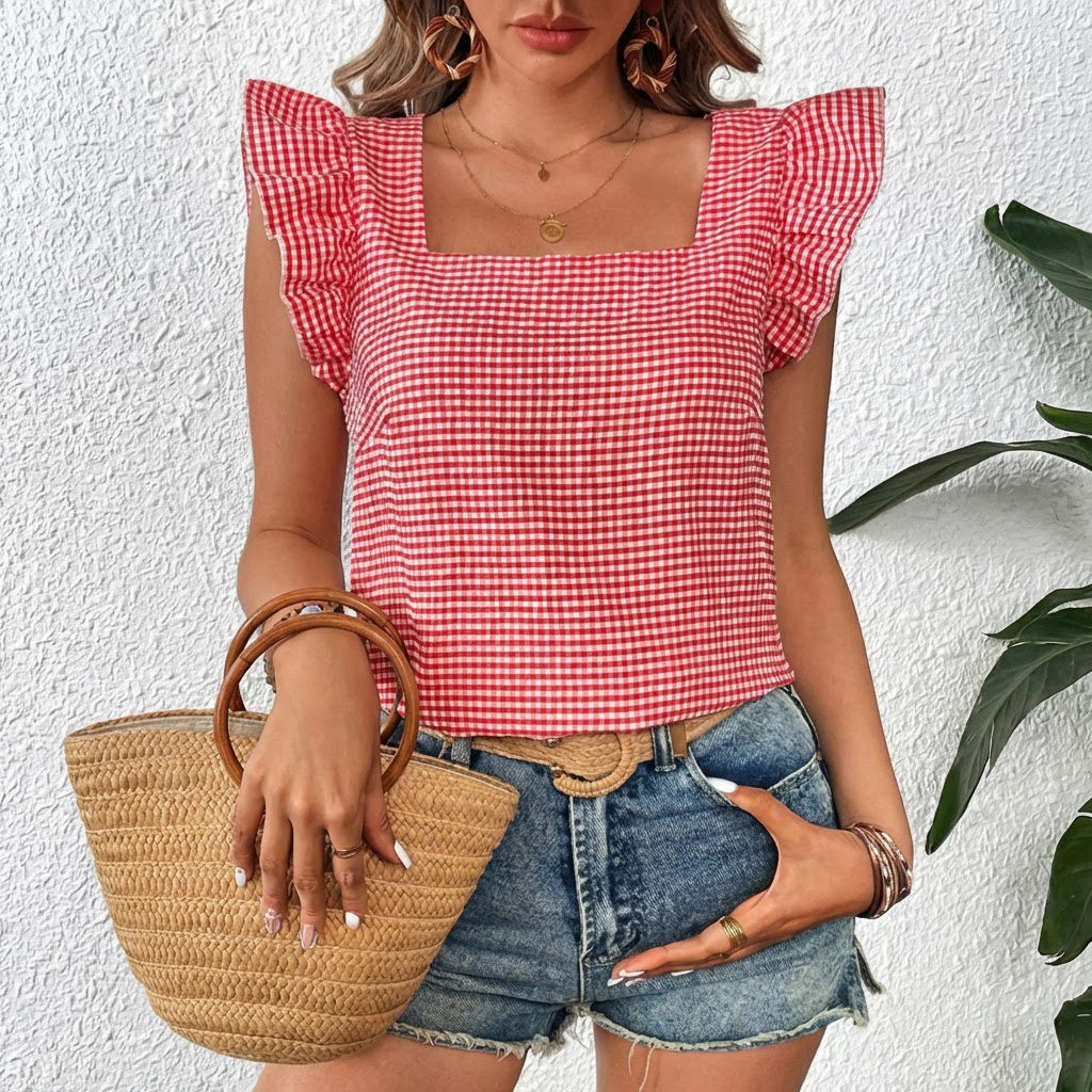 Gingham Square Collar Top