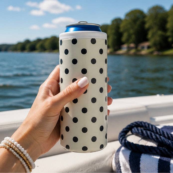 Cream Polka Dot Slim Can Coozie