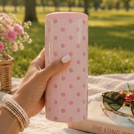 Pink Polka Dot Slim Can Coozie