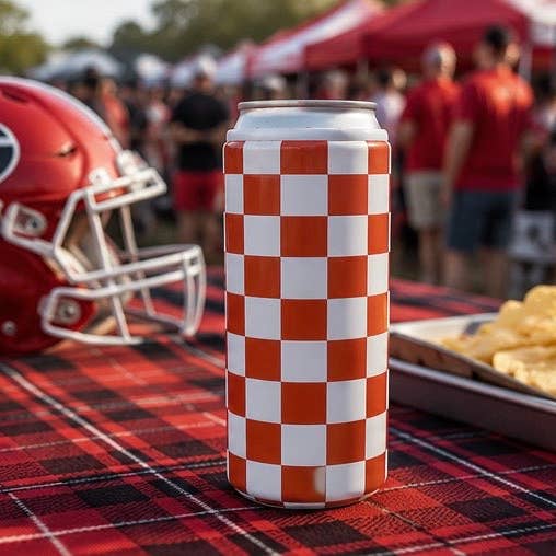 Red & White Checkered Slim Can Coozie