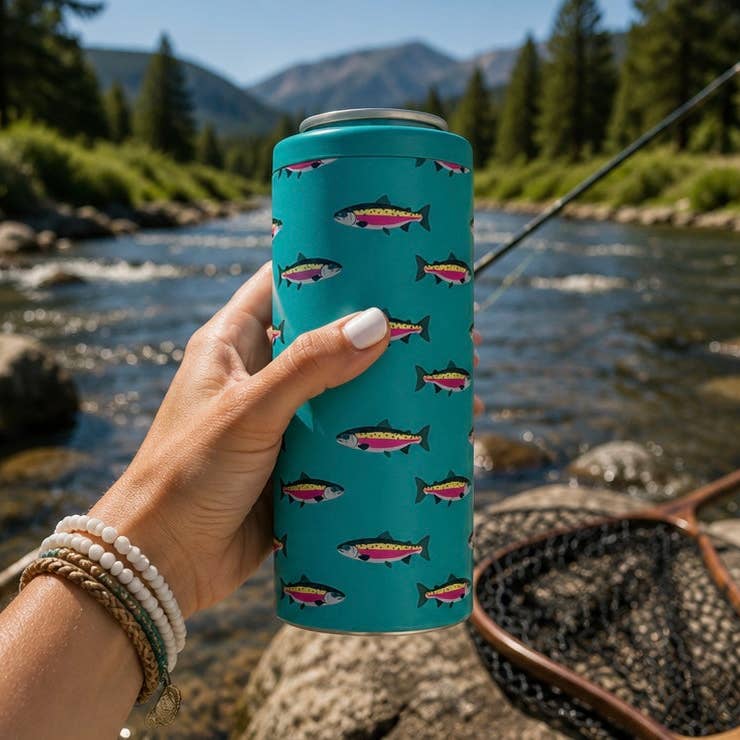 Teal Rainbow Trout Slim Can Coozie