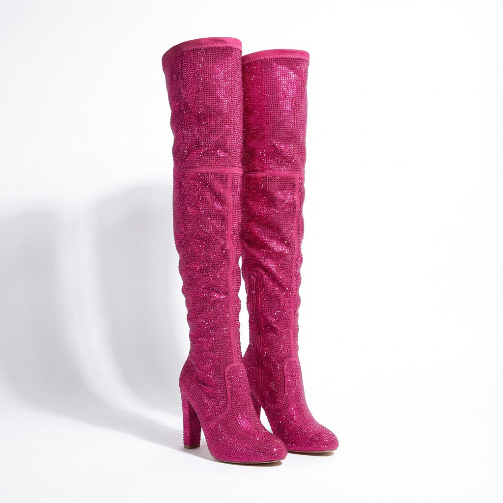 Pink Rhinestone High Knee Boots