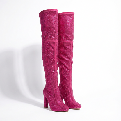 Pink Rhinestone High Knee Boots