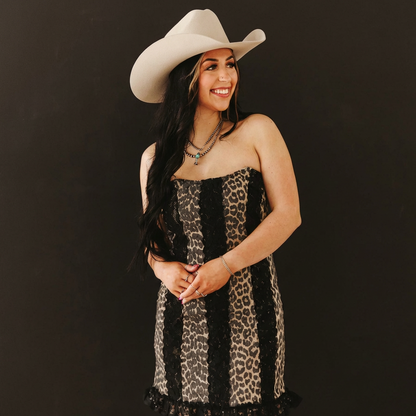 Leopard Denim & Lace Strapless Dress